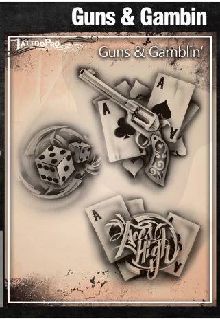 Wiser's Airbrush TattooPro Stencil - Guns & Gamblin 1 Wiser's Airbrush TattooPro Stencil - Guns & Gamblin