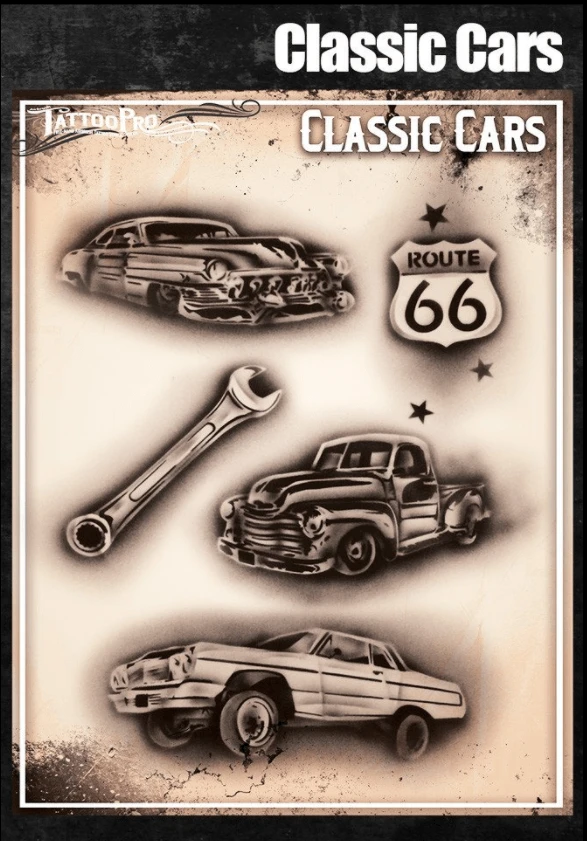 Wiser's Airbrush TattooPro Stencil – Classic Cars 1 Wiser's Airbrush TattooPro Stencil – Classic Cars